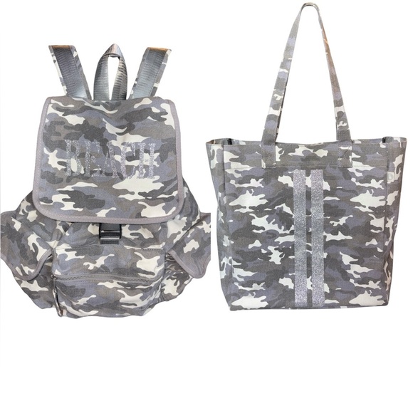 Camouflage and Glitter Backpack and Tote Set Grey Cream Canvas Glitter Beach - Picture 1 of 12